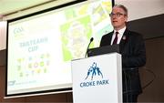 6 May 2025; Uachtarán Chumann Lúthchleas Gael Jarlath Burns speaking at the launch of the Tailteann Cup at Croke Park in Dublin. Photo by Tyler Miller/Sportsfile