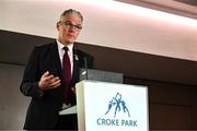 6 May 2025; Uachtarán Chumann Lúthchleas Gael Jarlath Burns speaking at the launch of the Tailteann Cup at Croke Park in Dublin. Photo by Tyler Miller/Sportsfile