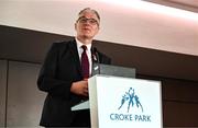 6 May 2025; Uachtarán Chumann Lúthchleas Gael Jarlath Burns speaking at the launch of the Tailteann Cup at Croke Park in Dublin. Photo by Tyler Miller/Sportsfile