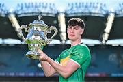 6 May 2025; Mark Diffley of Leitrim pictured with the Tailteann Cup at the launch of the Tailteann Cup at Croke Park in Dublin. Photo by Sam Barnes/Sportsfile