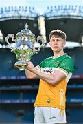 6 May 2025; Lee Pearson of Offaly pictured with the Tailteann Cup at the launch of the Tailteann Cup at Croke Park in Dublin. Photo by Sam Barnes/Sportsfile