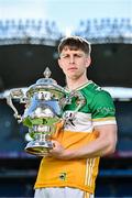 6 May 2025; Lee Pearson of Offaly pictured with the Tailteann Cup at the launch of the Tailteann Cup at Croke Park in Dublin. Photo by Sam Barnes/Sportsfile