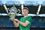 6 May 2025; Cillian Fahy of Limerick pictured with the Tailteann Cup at the launch of the Tailteann Cup at Croke Park in Dublin. Photo by Sam Barnes/Sportsfile
