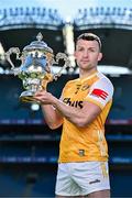 6 May 2025; Dermot McAleese of Antrim pictured with the Tailteann Cup at the launch of the Tailteann Cup at Croke Park in Dublin. Photo by Sam Barnes/Sportsfile
