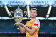 6 May 2025; Dermot McAleese of Antrim pictured with the Tailteann Cup at the launch of the Tailteann Cup at Croke Park in Dublin. Photo by Sam Barnes/Sportsfile