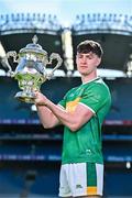 6 May 2025; Mark Diffley of Leitrim pictured with the Tailteann Cup at the launch of the Tailteann Cup at Croke Park in Dublin. Photo by Sam Barnes/Sportsfile