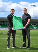 6 May 2025; New Kerry FC manager Colin Healy with Kerry FC CEO Billy Dennehy, left, at the club grounds at Mounthawk Park in Tralee, Kerry. Photo by Brendan Moran/Sportsfile