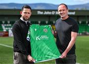 6 May 2025; New Kerry FC manager Colin Healy with Kerry FC CEO Billy Dennehy, left, at the club grounds at Mounthawk Park in Tralee, Kerry. Photo by Brendan Moran/Sportsfile