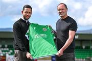 6 May 2025; New Kerry FC manager Colin Healy with Kerry FC CEO Billy Dennehy, left, at the club grounds at Mounthawk Park in Tralee, Kerry. Photo by Brendan Moran/Sportsfile