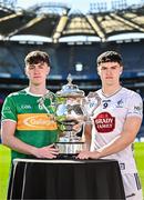 6 May 2025; Mark Diffley of Leitrim, left, and Callum Bolton of Kildare pictured with the Tailteann Cup at the launch of the Tailteann Cup at Croke Park in Dublin. Photo by Sam Barnes/Sportsfile