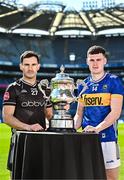 6 May 2025; Niall Murphy of Sligo, left, and Sean O’Connor of Tipperary pictured with the Tailteann Cup at the launch of the Tailteann Cup at Croke Park in Dublin. Photo by Sam Barnes/Sportsfile