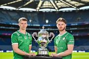 6 May 2025; Cillian Fahy of Limerick, left, and Paddy Fox of Tighe Barry of London, pictured with the Tailteann Cup at the launch of the Tailteann Cup at Croke Park in Dublin. Photo by Sam Barnes/Sportsfile