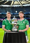 6 May 2025; Cillian Fahy of Limerick, left, and Paddy Fox of Tighe Barry of London, pictured with the Tailteann Cup at the launch of the Tailteann Cup at Croke Park in Dublin. Photo by Sam Barnes/Sportsfile