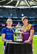 6 May 2025; Paddy Fox of Longford, left, and Liam Coleman of Wexford pictured with the Tailteann Cup at the launch of the Tailteann Cup at Croke Park in Dublin. Photo by Sam Barnes/Sportsfile