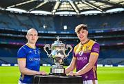 6 May 2025; Paddy Fox of Longford, left, and Liam Coleman of Wexford pictured with the Tailteann Cup at the launch of the Tailteann Cup at Croke Park in Dublin. Photo by Sam Barnes/Sportsfile