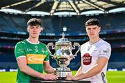 6 May 2025; Mark Diffley of Leitrim, left, and Callum Bolton of Kildare pictured with the Tailteann Cup at the launch of the Tailteann Cup at Croke Park in Dublin. Photo by Sam Barnes/Sportsfile