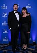 6 May 2025; Kevin Beirne and Kathi Harder on arrival at the Leinster Rugby awards ball 2025 at O'Reilly Hall in UCD, Dublin. Photo by Brendan Moran/Sportsfile