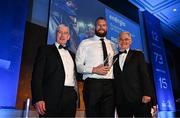 6 May 2025; RG Snyman is presented with the Energia Supporters Player of the Year award by Gary Ryan, Managing Director, Customer Solutions, Energia, right, and Leinster Rugby president Declan Gardiner during the Leinster Rugby awards ball 2025 at O'Reilly Hall in UCD, Dublin. Photo by Brendan Moran/Sportsfile