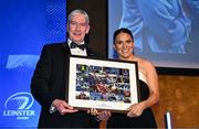 6 May 2025; Leinster Rugby president Declan Gardiner makes a special presentation to former Leinster women's head coach and player Tania Rosser during the Leinster Rugby awards ball 2025 at O'Reilly Hall in UCD, Dublin. Photo by Brendan Moran/Sportsfile