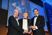 6 May 2025; Tommy O'Brien is presented with the Kildare Village Tackle of the Year award by Leinster Rugby president Declan Gardiner and Kevin McLaughlin during the Leinster Rugby awards ball 2025 at O'Reilly Hall in UCD, Dublin. Photo by Brendan Moran/Sportsfile