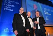 6 May 2025; Paul Deering is presented with the Bank of Ireland Never Stop Competing Award - for Contribution to Leinster Rugby by Sean Buckley of Bank of Ireland, right, and Leinster Rugby president Declan Gardiner during the Leinster Rugby awards ball 2025 at O'Reilly Hall in UCD, Dublin. Photo by Brendan Moran/Sportsfile