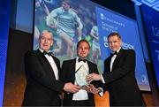 6 May 2025; Blackrock College director of rugby John Creighton is presented with the Beauchamps School of the Year award by Edward Evans of Beauchamps, right, and Leinster Rugby president Declan Gardiner during the Leinster Rugby awards ball 2025 at O'Reilly Hall in UCD, Dublin. Photo by Brendan Moran/Sportsfile