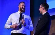 6 May 2025; Energia Supporters Player of the Year RG Snyman is interviewed by MC Joe Molloy during the Leinster Rugby awards ball 2025 at O'Reilly Hall in UCD, Dublin. Photo by Brendan Moran/Sportsfile