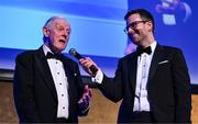 6 May 2025; Paul Deering is interviewed by MC Joe Molloy after being presented with the Bank of Ireland Never Stop Competing Award - for Contribution to Leinster Rugby during the Leinster Rugby awards ball 2025 at O'Reilly Hall in UCD, Dublin. Photo by Brendan Moran/Sportsfile