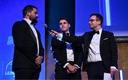6 May 2025; Departing players Rory McGuire, left, and Aitzol King are interviewed by MC Joe Molloy during the Leinster Rugby awards ball 2025 at O'Reilly Hall in UCD, Dublin. Photo by Brendan Moran/Sportsfile