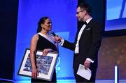 6 May 2025; Former Leinster women's head coach and player Tania Rosser is interviewed by MC Joe Molloy during the Leinster Rugby awards ball 2025 at O'Reilly Hall in UCD, Dublin. Photo by Brendan Moran/Sportsfile