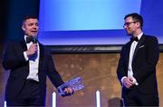 6 May 2025; Guinness Hall of Fame award winner Brian O'Driscoll is interviewed by MC Joe Molloy during the Leinster Rugby awards ball 2025 at O'Reilly Hall in UCD, Dublin. Photo by Brendan Moran/Sportsfile