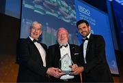6 May 2025; Naas RFC president Gerry Prendergast is presented with the BDO Senior Club of the Year award by Cian O'Sullivan of BDO, right, and Leinster Rugby president Declan Gardiner during the Leinster Rugby awards ball 2025 at O'Reilly Hall in UCD, Dublin. Photo by Brendan Moran/Sportsfile