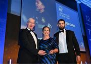 6 May 2025; Longford Rugby Club president Karen Lennon is presented with the Rhino Junior Club of the Year award by James Thornton of Rhìno, right, and Leinster Rugby president Declan Gardiner during the Leinster Rugby awards ball 2025 at O'Reilly Hall in UCD, Dublin. Photo by Brendan Moran/Sportsfile