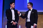 6 May 2025; Departing player Aitzol King is interviewed by MC Joe Molloy during the Leinster Rugby awards ball 2025 at O'Reilly Hall in UCD, Dublin. Photo by Brendan Moran/Sportsfile