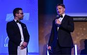 6 May 2025; Departing player Jordie Barrett is interviewed by MC Joe Molloy during the Leinster Rugby awards ball 2025 at O'Reilly Hall in UCD, Dublin. Photo by Brendan Moran/Sportsfile