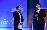 6 May 2025; Departing player Jordie Barrett is interviewed by MC Joe Molloy during the Leinster Rugby awards ball 2025 at O'Reilly Hall in UCD, Dublin. Photo by Brendan Moran/Sportsfile