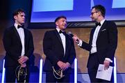 6 May 2025; Departing players Rob Russell, left, and Liam Turner are interviewed by MC Joe Molloy during the Leinster Rugby awards ball 2025 at O'Reilly Hall in UCD, Dublin. Photo by Brendan Moran/Sportsfile
