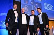 6 May 2025; Departing players Jordie Barrett, Liam Turner and Rob Russell with Leinster Rugby President Declan Gardiner during the Leinster Rugby awards ball 2025 at O'Reilly Hall in UCD, Dublin. Photo by Brendan Moran/Sportsfile