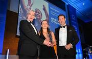 6 May 2025; Robyn O'Connor is presented with the BearingPoint Women’s Young Player of the Year award by Eric Conway, Partner at Bearing Point, right, and Leinster Rugby president Declan Gardiner during the Leinster Rugby awards ball 2025 at O'Reilly Hall in UCD, Dublin. Photo by Brendan Moran/Sportsfile