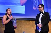 6 May 2025; BearingPoint Women’s Young Player of the Year Robyn O'Connor is interviewed by MC Joe Molloy during the Leinster Rugby awards ball 2025 at O'Reilly Hall in UCD, Dublin. Photo by Brendan Moran/Sportsfile