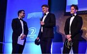 6 May 2025; Departing players Jordie Barrett and Rob Russell are interviewed by MC Joe Molloy during the Leinster Rugby awards ball 2025 at O'Reilly Hall in UCD, Dublin. Photo by Brendan Moran/Sportsfile