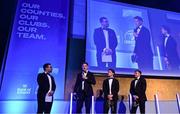 6 May 2025; Departing players Jordie Barrett, Rob Russell and Liam Turner are interviewed by MC Joe Molloy during the Leinster Rugby awards ball 2025 at O'Reilly Hall in UCD, Dublin. Photo by Brendan Moran/Sportsfile