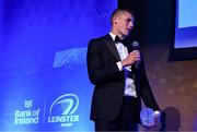 6 May 2025; Laya Healthcare Men’s Young Player of the Year award winner Sam Prendergast is interviewed during the Leinster Rugby awards ball 2025 at O'Reilly Hall in UCD, Dublin. Photo by Brendan Moran/Sportsfile