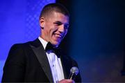 6 May 2025; Laya Healthcare Men’s Young Player of the Year award winner Sam Prendergast is interviewed during the Leinster Rugby awards ball 2025 at O'Reilly Hall in UCD, Dublin. Photo by Brendan Moran/Sportsfile