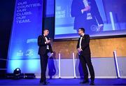6 May 2025; Laya Healthcare Men’s Young Player of the Year award winner Sam Prendergast is interviewed by MC Joe Molloy during the Leinster Rugby awards ball 2025 at O'Reilly Hall in UCD, Dublin. Photo by Brendan Moran/Sportsfile
