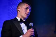 6 May 2025; Laya Healthcare Men’s Young Player of the Year award winner Sam Prendergast is interviewed during the Leinster Rugby awards ball 2025 at O'Reilly Hall in UCD, Dublin. Photo by Brendan Moran/Sportsfile