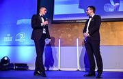 6 May 2025; Laya Healthcare Men’s Young Player of the Year award winner Sam Prendergast is interviewed by MC Joe Molloy during the Leinster Rugby awards ball 2025 at O'Reilly Hall in UCD, Dublin. Photo by Brendan Moran/Sportsfile