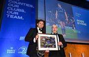 6 May 2025; Departing player Ross Byrne and Leinster Rugby President Declan Gardiner during the Leinster Rugby awards ball 2025 at O'Reilly Hall in UCD, Dublin. Photo by Brendan Moran/Sportsfile