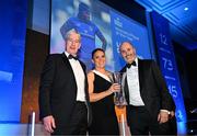 6 May 2025; Tania Rosser, is presented with the Bank of Ireland Women’s Player of the Year award on behalf of Linda Djougang, by Dave Moore of Bank of Ireland, right, and Leinster Rugby president Declan Gardiner during the Leinster Rugby awards ball 2025 at O'Reilly Hall in UCD, Dublin. Photo by Brendan Moran/Sportsfile