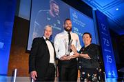 6 May 2025; RG Snyman is presented with the Bank of Ireland Men’s Player’s Player of the Year award by Paula Murphy of Bank of Ireland, right, and Leinster Rugby president Declan Gardiner during the Leinster Rugby awards ball 2025 at O'Reilly Hall in UCD, Dublin. Photo by Brendan Moran/Sportsfile